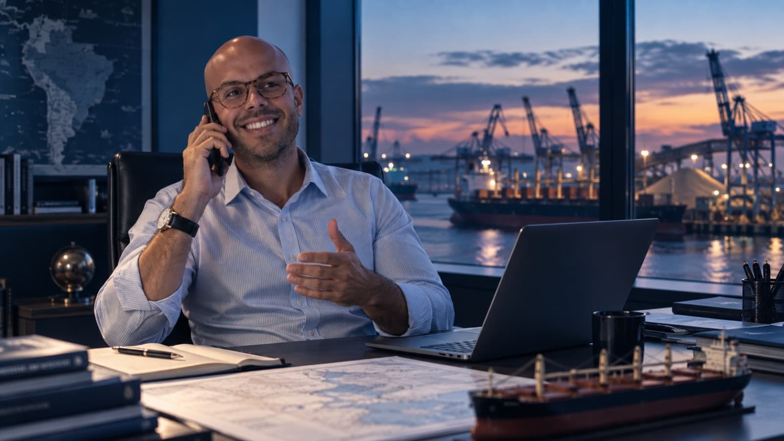 TGF partner on a call at his desk, port cranes visible through the office window at dusk