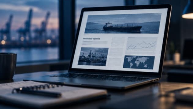 Laptop on a desk at dusk, showing a maritime intelligence report with a bulk carrier photo, chart and map